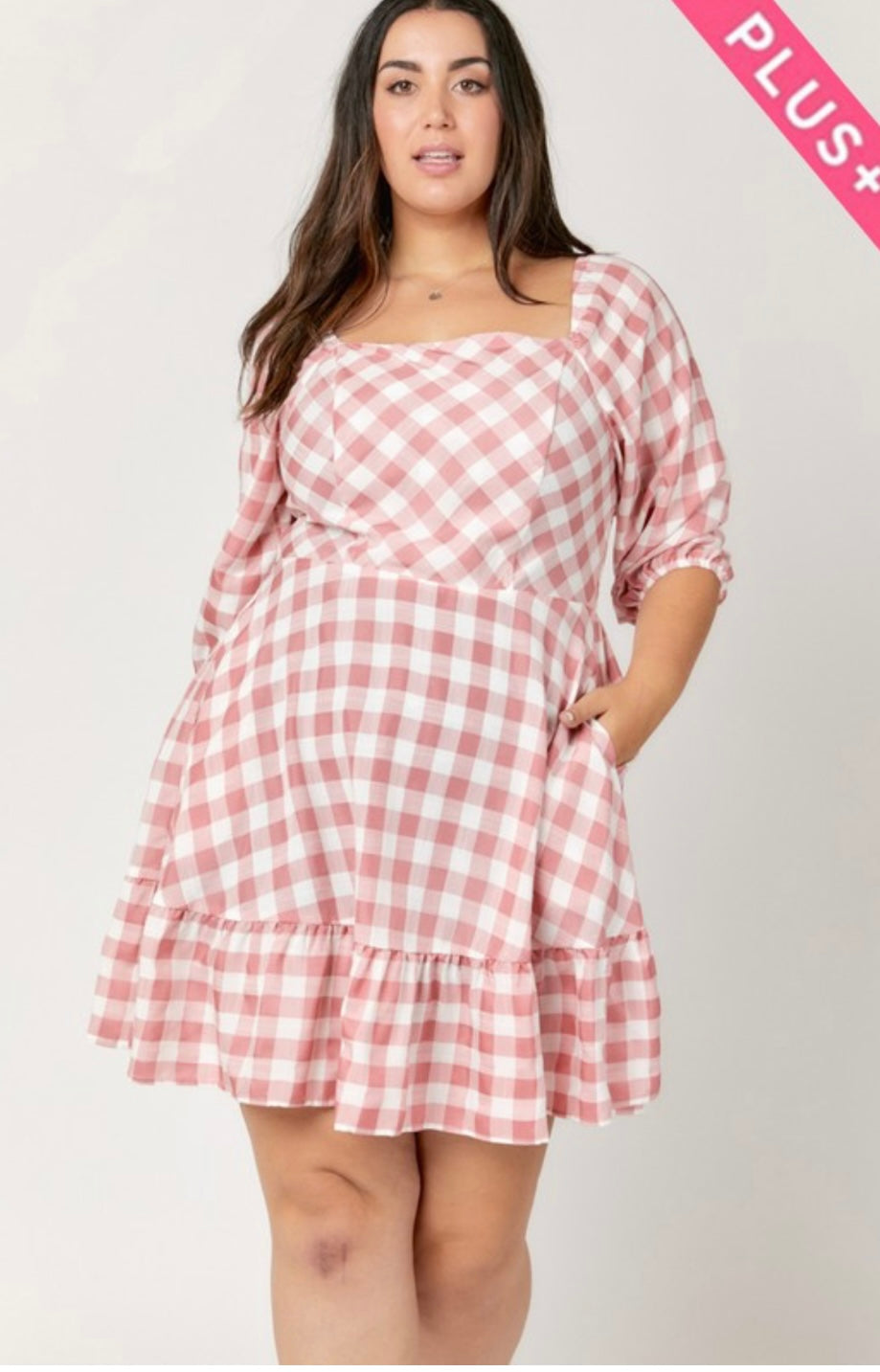 Gingham 3/4 Sleeve Dress- Plus Size